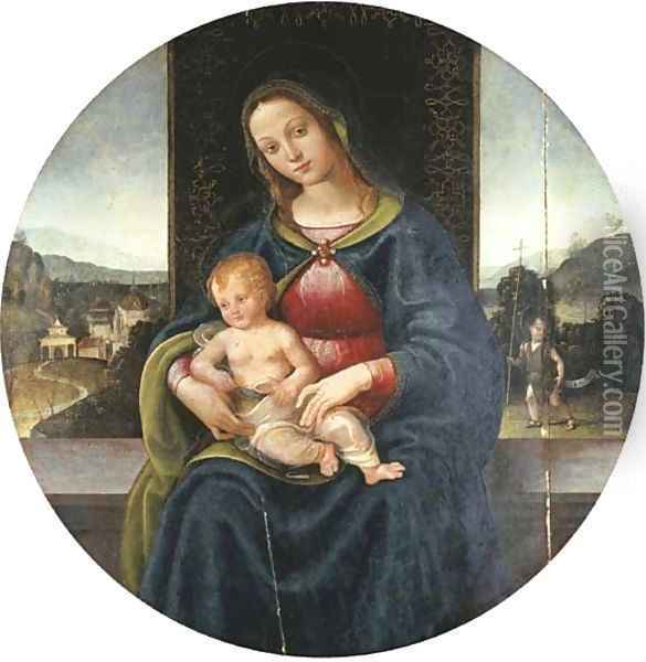 The Madonna and Child, the Infant Saint John the Baptist in a landscape with a town beyond Oil Painting - Raffaellino del Garbo