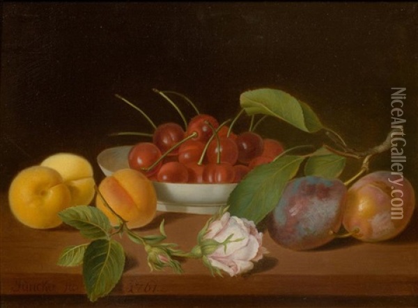 Still Life With Cherries And Apricots On A Table Oil Painting - Justus Juncker