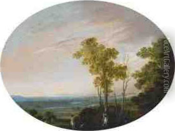 Extensive Landscape With Figures By A Forest Oil Painting - Goffredo, Gottfried Wals