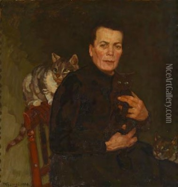Portrat Einer Dame Mit Drei Katzen Oil Painting - Walter Georgi