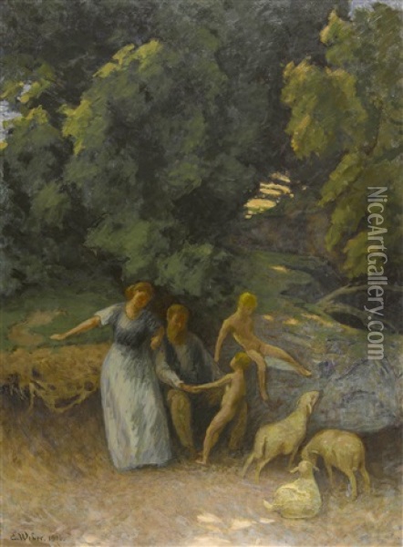 Waldlandschaft Mit Familie Und Schafen Oil Painting - Emil Weber