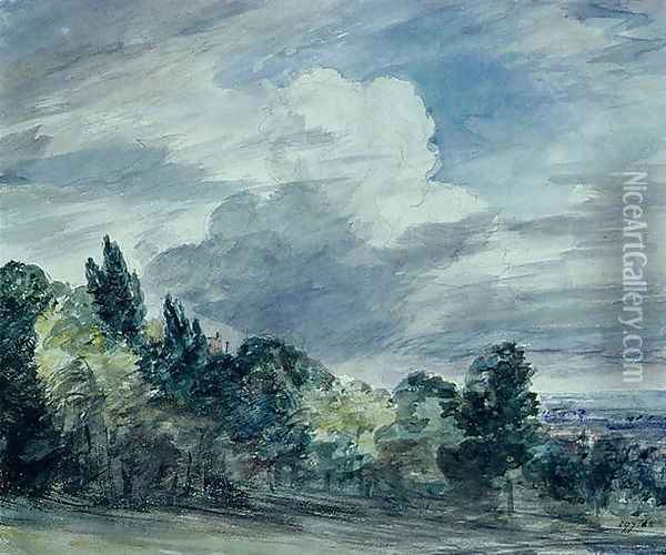 View over a wide landscape, with trees in the foreground, September 1832 Oil Painting - John Constable