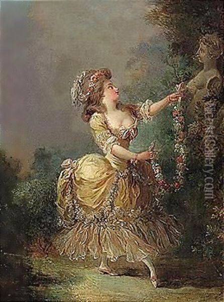 A Young Girl Adorning A Term Of Venus With A Garland Of Flowers Oil Painting - Jean-Frederic Schall