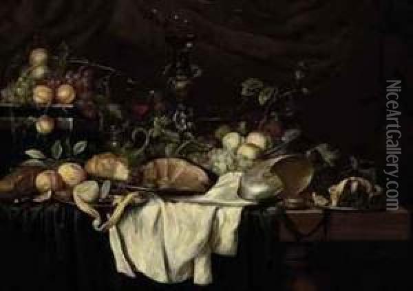 Grapes, Peaches, Plums, Lemons, Oranges, A Conch, An Ornamentalroemer, A Ham, A Minced Pie And A Gilt Locket On A Green Velvetcord, On A Wooden Table With White And Green Drapes Oil Painting - Joris Van Son