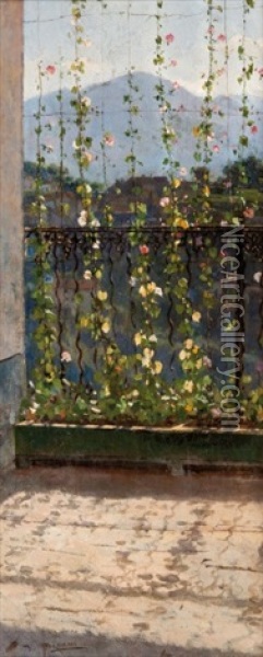 Le Balcon Fleuri Oil Painting - Vespasiano Bignami