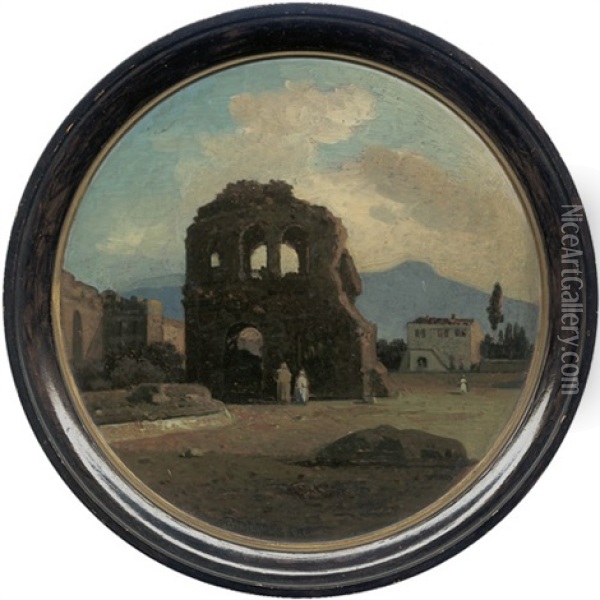 Romische Ruinen, Im Hintergrund Die Albaner Berge; Blick Uber Den Golf Von Neapel Auf Den Vesuv (2 Works) Oil Painting - Arthur Blaschnik