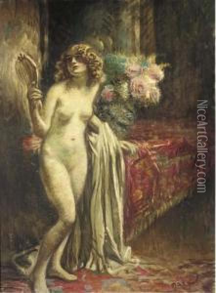 A Standing Female Nude Oil Painting - Louis Mark