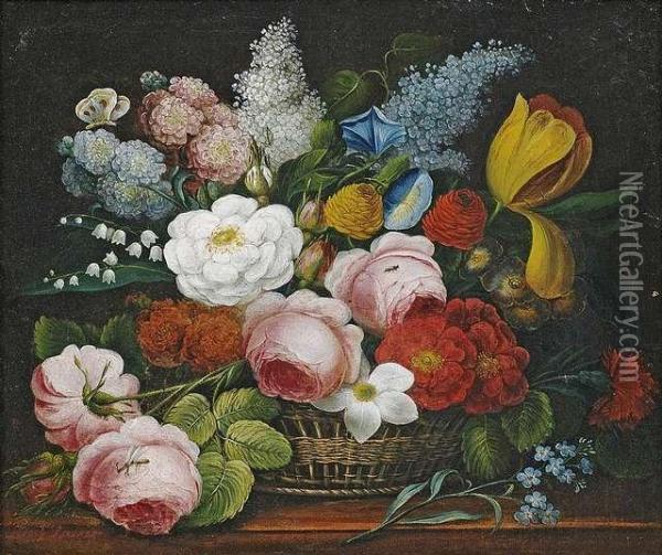 Still-life Withflowers In A Basket. Oil Painting - Josef Lauer
