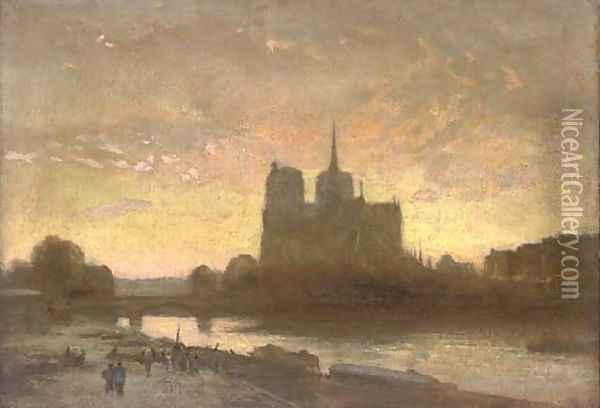 Notre Dame, Paris, at sunset Oil Painting - French School