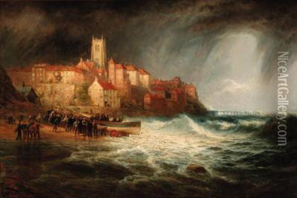 The Launch Of The Lifeboat At Cromer Oil Painting - Joseph Wrightson McIntyre