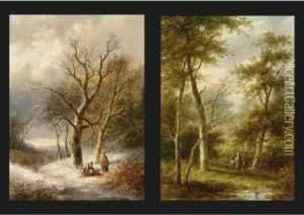 Wood Gatherers In A Snowy Landscape; Travellers In A Wooded Summer Landscape (a Pair) Oil Painting - Jan Evert Morel