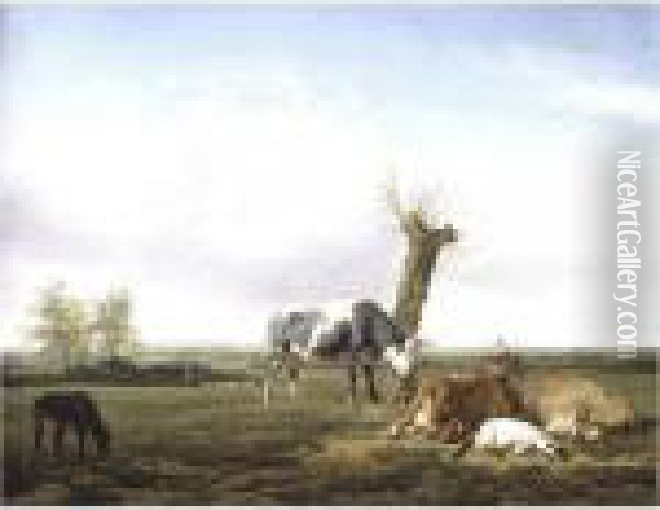 Cattle And Goats By A Pollarded Tree In A Meadow, Shepherd Boys Approaching Beyond Oil Painting - Adrian Van De Velde