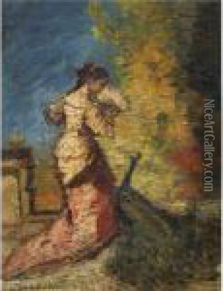 Femme Au Paon Oil Painting - Adolphe Joseph Th. Monticelli