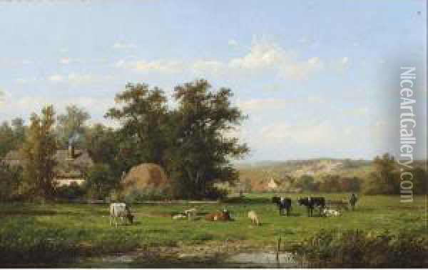 Cows In A Summer Landscape Oil Painting - Anthonie Jacobus Van Wyngaerts