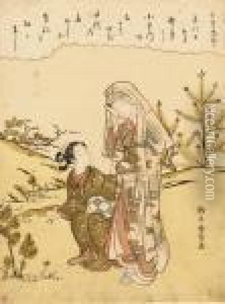 Two Girls Picking Pine Seedlings, Signed Oil Painting - Suzuki Harunobu