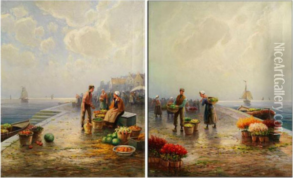 Hollandische Marktszenen Am Meeresufer Mit Gemusekorben Bzw. Blumentopfen Oil Painting - Josef Magerer