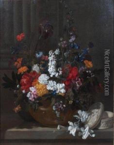 Bouquet De Fleurs Et Boite En Ivoire Surun Entablement Oil Painting - Jean Michel Picard