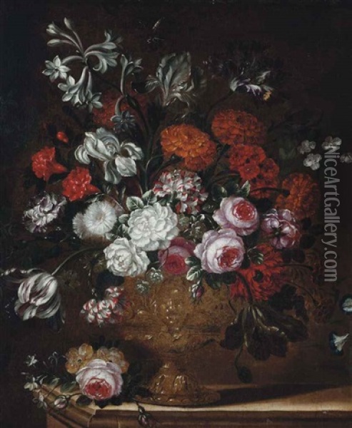 Carnations, Roses, Parrot Tulips And Other Flowers In A Sculpted Urn On A Stone Ledge Oil Painting - Francesco Mantovano