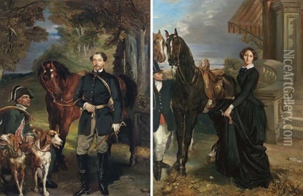 Portrait Of Comte Oscar De Ranchicourt Leaving For The Hunt (+ Portrait Of Comtesse De Ranchicourt Leaving For The Hunt; 2 Works) Oil Painting - Theodore Chasseriau
