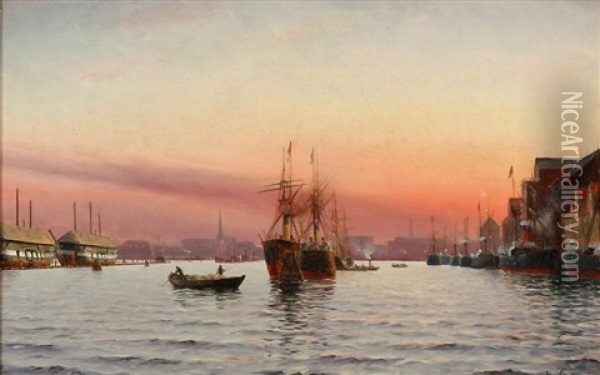 Sunset Above Copenhagen Harbour Oil Painting - Holger Luebbers