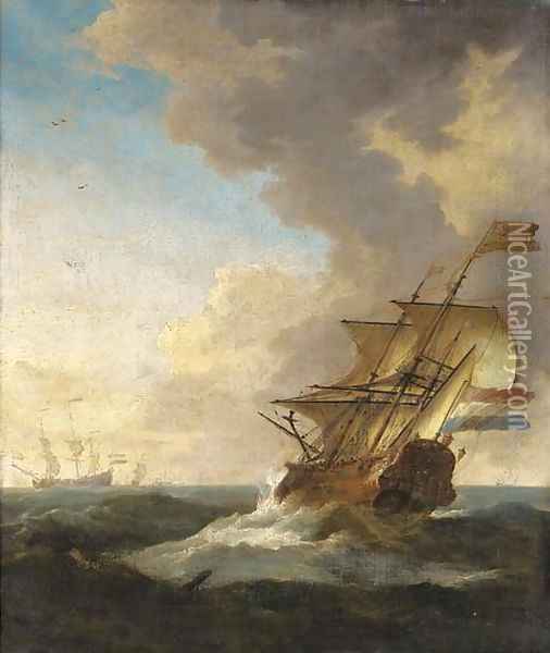 A Dutch frigate sailing in a fresh breeze, other ships beyond Oil Painting - Willem van de Velde the Younger
