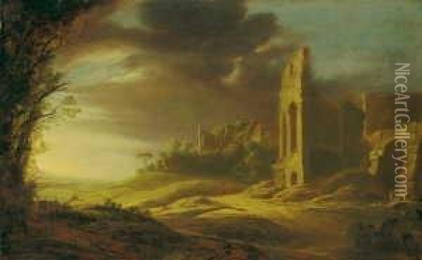 Landschaft Mit Romischen Ruinen. Oil Painting - Cornelis Van Poelenburch