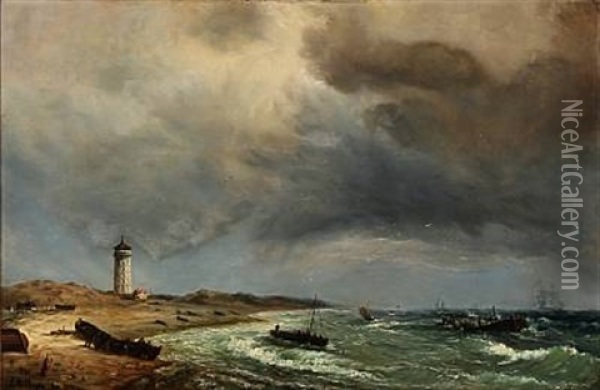 Fishermen On Skagen Beach With Det Hvide Fyr (the White Lighthouse) In The Background Oil Painting - Daniel Hermann Anton Melbye
