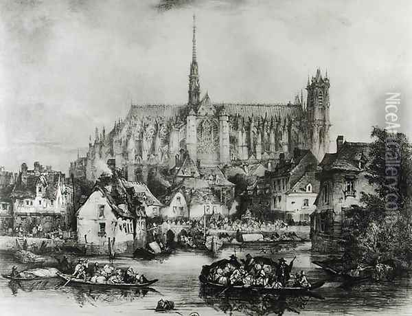 View of the Cathedral of Notre Dame, Amiens, from Pont Dudon Oil Painting - Eugene Balan