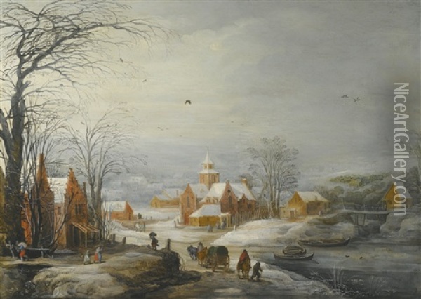 Travellers Passing Through A Village In Winter Oil Painting - Joos de Momper the Younger