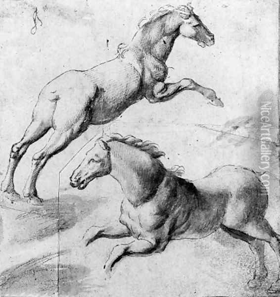 Study of two horses jumping Oil Painting - Giulio Pippi, Called Giulio Romano