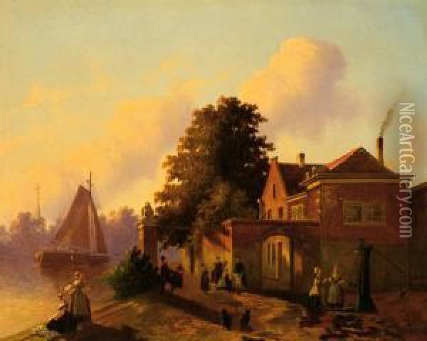 Figures On The Quay Of A Canal Oil Painting - Joseph Bles