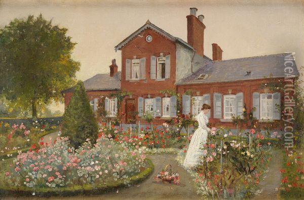 Jeune Femme Dans Un Jardin De Roses Oil Painting - Charles Gislain