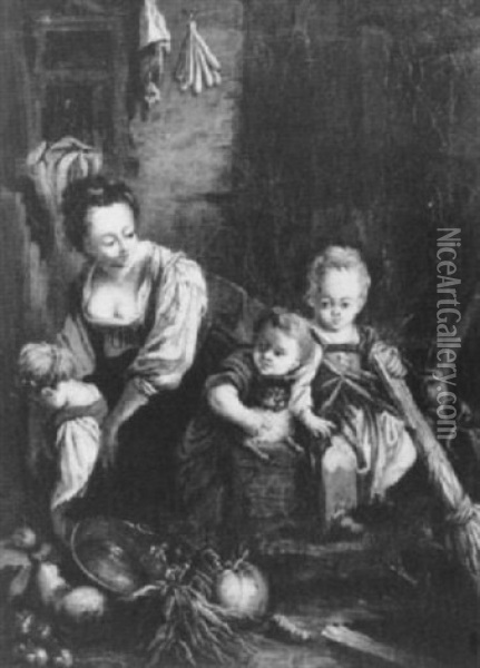 A Mother With Her Three Children                            In A Larder Oil Painting - Jean Baptiste Greuze