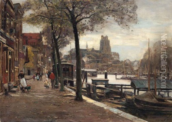 Figures On The Quay, Dordrecht Oil Painting - Heinrich Hermanns