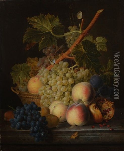 Raisins, Corbeille De Fruits Et Grenade Ouverte Sur Un Entablement Oil Painting - Jan Frans Van Dael