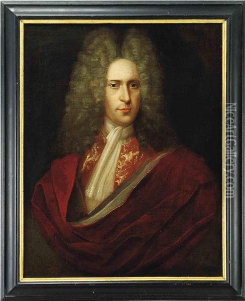 Portrait Of A Gentleman, Bust-length, In A Burgundy Wrap And Whitestock, Feigned Oval Oil Painting - Alexis Simon Belle