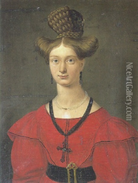 Portraet Af En Dame I Rod Kjole (kunstnerens Forlovede Og Senere Hustru Mary Texland De Seethorst?) Oil Painting - Julius Prommel