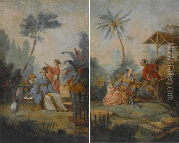 Chinoise Szene (+ Another; Set Of 2) Oil Painting - Jean Baptiste Pillement