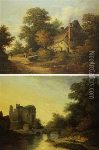 English Cottage; English Landscape (pair) Oil Painting - Caleb Robert Stanley