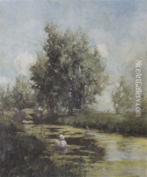 Swans By A Bridge, Holland Oil Painting - George Hitchcock