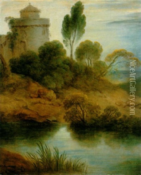 Paysage Avec Une Tour A Proximite D'un Etang Oil Painting - Jean-Baptiste Pater