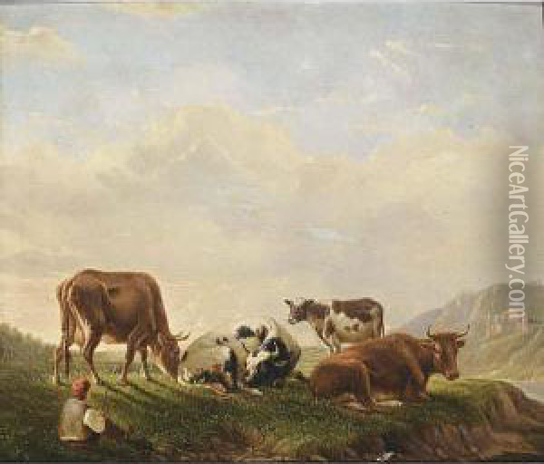 A River Landscape With A Shepherd And His Herd Oil Painting - Janbaptist Ii Kobell