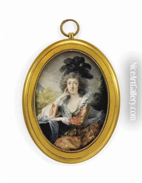 Countess Maria Anna Esterhazy De Galantha, Nee Palffy De Erdod (1747-1799), Seated In A Landscape, In Red And Gold Shot-silk Dress Oil Painting - Friedrich Heinrich Fueger