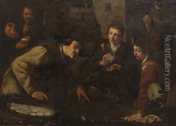 Tres Hombres Comiendo Pinones En Una Plaza Oil Painting - Jeronimo Jacinto Espinosa