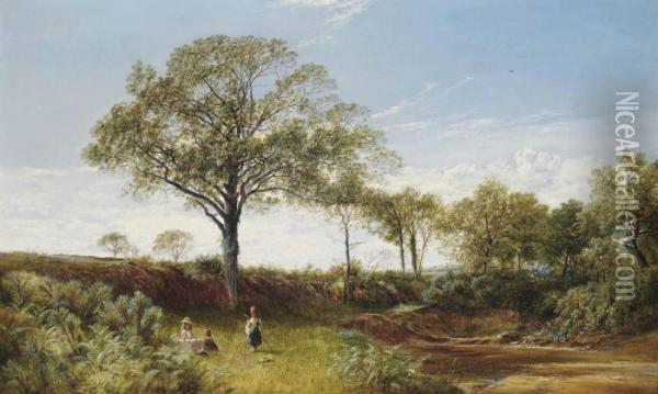 Children Playing On A River Bank Oil Painting - David Payne