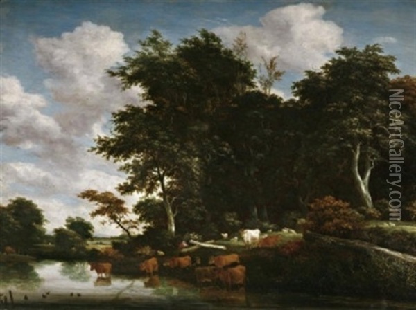 Grose Waldlandschaft Am Wasser. Am Ufer Eine Kuhherde Oil Painting - Jacob Salomonsz van Ruysdael