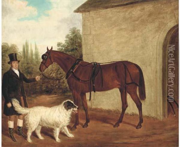 A Bridled Horse Held By A Groom, A Dog By His Side Oil Painting - James Loder Of Bath