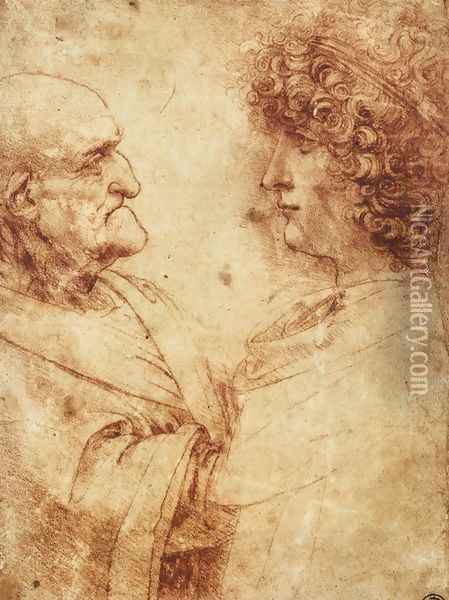 Heads of an old man and a youth Oil Painting - Leonardo Da Vinci