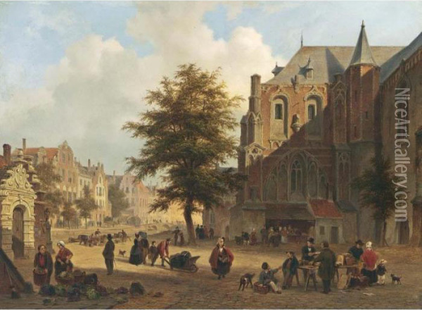 A Town Scene With Figures On A Market Square Oil Painting - Bartholomeus J. Van Hove