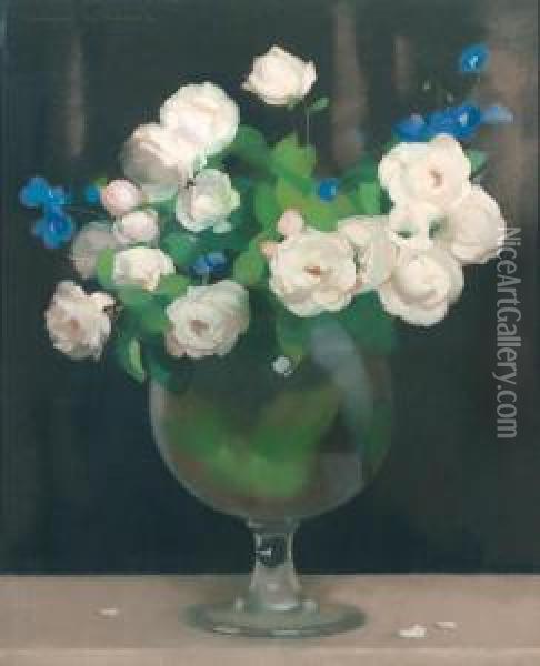 White Roses In A Vase Oil Painting - Lucien Victor Guirand De Scevola